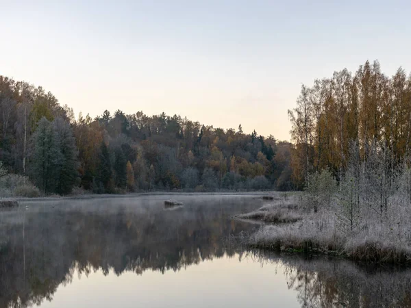Landskap Med Färgglada Träd Hösten Dimma Över Sjön Vackra Reflektioner — Stockfoto