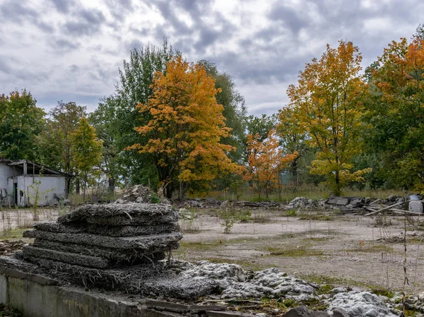 Podzimní Krajina Demolicí Budovy Zničená Budova Obklopená Pestrobarevnou Větví — Stock fotografie