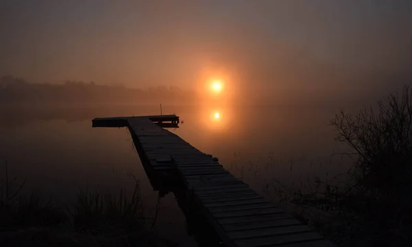 Fantastic Foggy Lake Sunlight Completely Blurred Background Fog Picture Fisherman — Stock Photo, Image