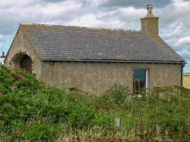 Geniş bir bahçesi olan eski bir evin cephesi.