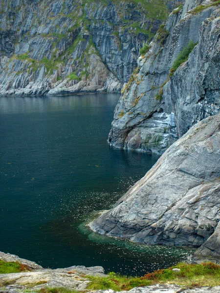 Paisaje Con Hermosas Rocas Verdes Cubiertas Fiordo Agua Mar Hermosa — Foto de Stock