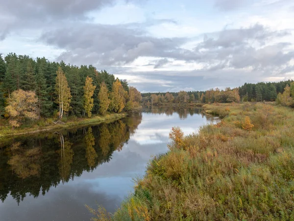 秋天的风景与河流 平静的水 美丽的五彩缤纷的树 倒影的水 高加河 瓦尔米耶拉 拉脱维亚 — 图库照片