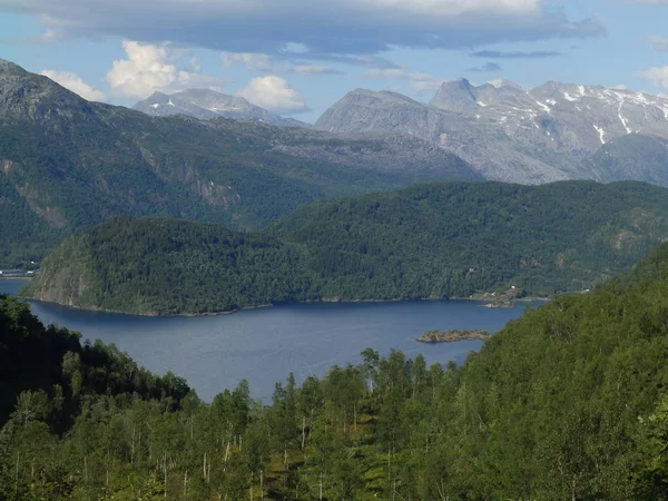 Landschaft Mit Bergsee Schönen Wolken Und Bäumen — Stockfoto