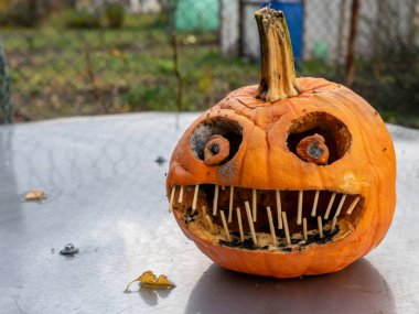 Cadılar Bayramı için oyulmuş korkunç bir balkabağı resmi.