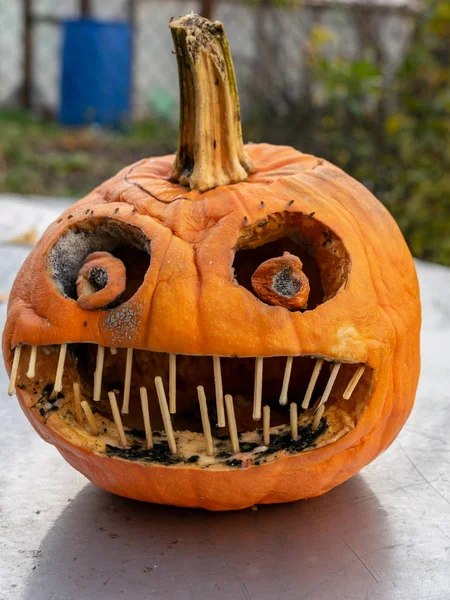 Imagem Com Uma Abóbora Esculpida Terrível Para Halloween — Fotografia de Stock