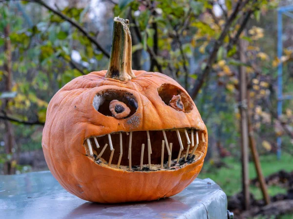 Imagem Com Uma Abóbora Esculpida Terrível Para Halloween — Fotografia de Stock