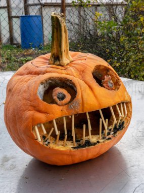 Cadılar Bayramı için oyulmuş korkunç bir balkabağı resmi.