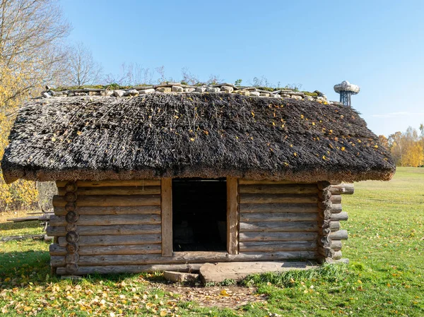 Picture Old Log House Grass Roof Autumn Day — Stock Photo, Image