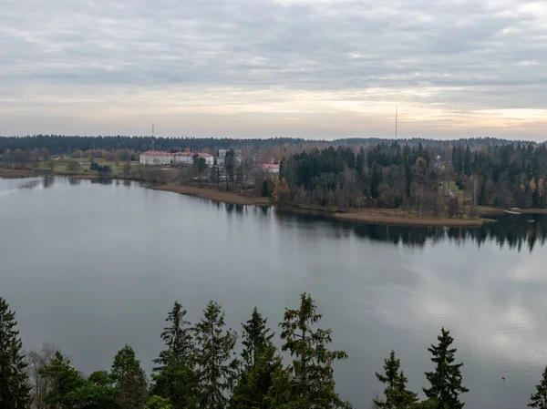 Krásný Výhled Vrcholky Stromů Jezeře Pozadí — Stock fotografie