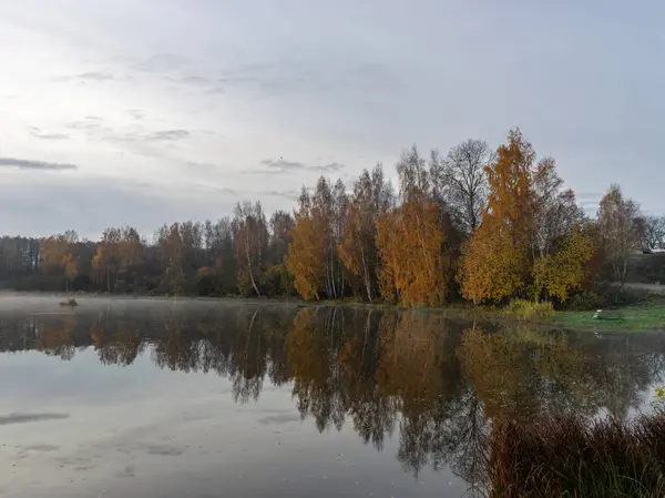 Início Manhã Outono Névoa Branca Sobre Água Solo Lindamente Coloridas — Fotografia de Stock