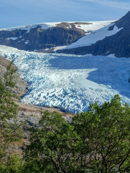 Vista Sullo Sfondo Del Ghiacciaio Bellissimo Lago Montagna Primo Piano — Foto Stock