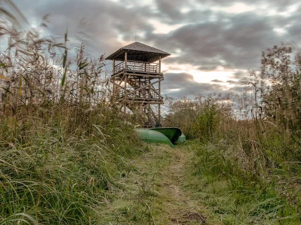 autumn landscape with overgrown lake, dry reeds, cloudy skies and bird watching tower