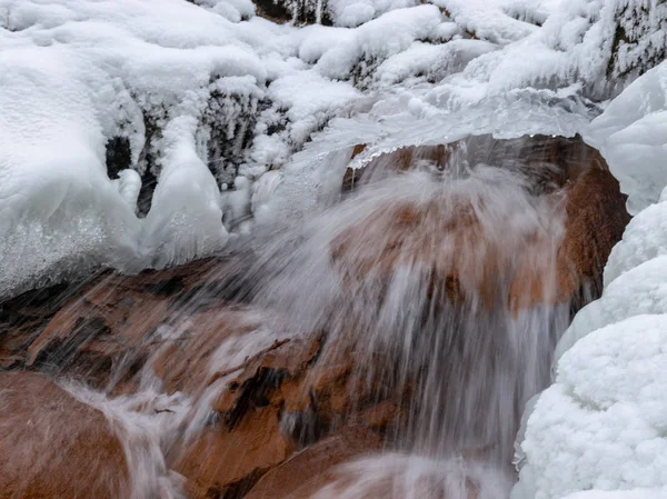 abstract picture with running water, snow, rocks and ice formations, suitable for winter background