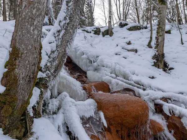 abstract picture with running water, snow, rocks and ice formations, suitable for winter background