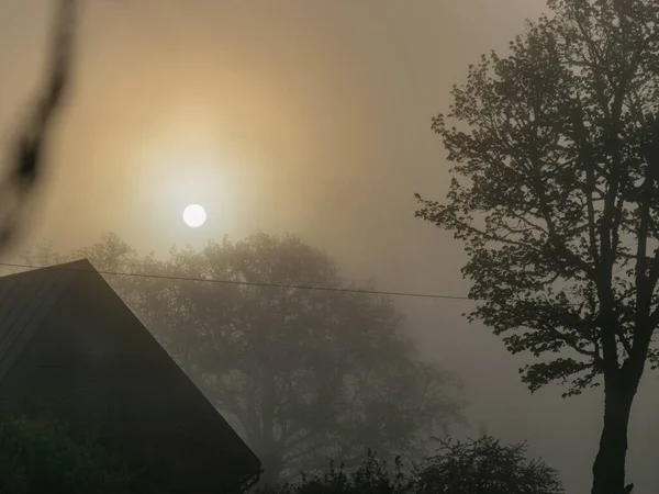 Mystische Landschaft Schöner Morgen Mit Nebel Häusern Und Bäumen Silhouetten — Stockfoto