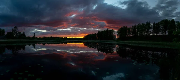 Panoramic View Gorgeous Colorful Sunset Landscape Lake Lielais Ansis Rubene — Stock Photo, Image