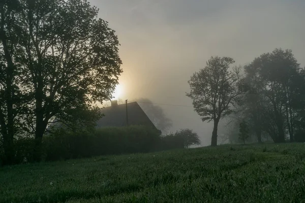 Mystical Landscape Beautiful Morning Fog Houses Trees Silhouettes Fog — Stock Photo, Image