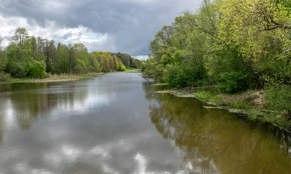 Vackert Vårlandskap Med Flod Den Första Ljusa Vårgrönskan Älvstranden — Stockfoto