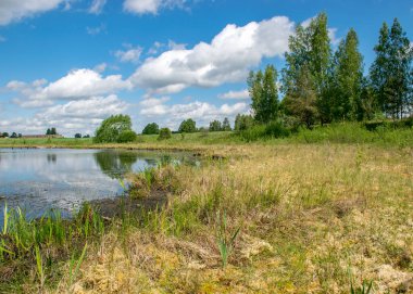 Göllü güzel yaz manzarası ve suda beyaz bulut yansımaları, ağaç siluetleri göl suyuna yansıyor