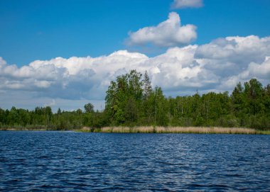 Nehrin üzerinde beyaz kümülüs bulutları, suda yansımaları olan güzel bir yaz manzarası.