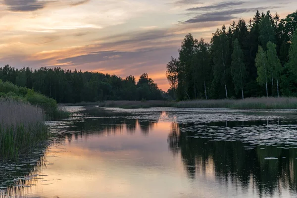 Sommarbild Med Vacker Färgglad Solnedgång Över Sjön Underbar Plats För — Stockfoto