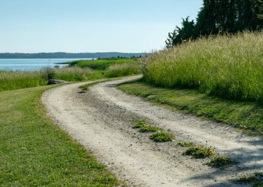 Deniz kıyısı boyunca basit kayalık bir yolu olan güneşli yaz manzarası