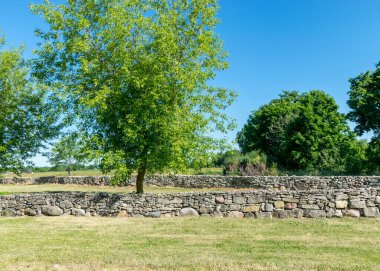 Estonya 'nın Saaremaa adasında alçak bir taş çitle çevrili manzara
