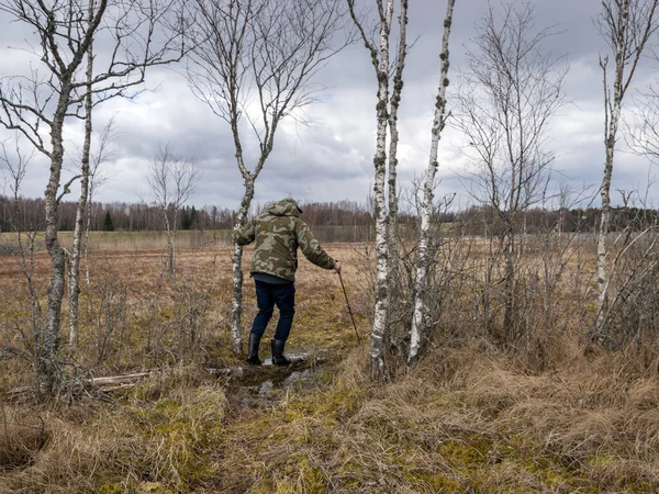 Monotont Landskap Med Man Träsk Traditionell Träsk Vegetation Tidigt Våren — Stockfoto