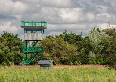Güneşli yaz manzarası deniz kenarında bir kuş gözlem kulesi, Kabli, Parnu County, Estonya