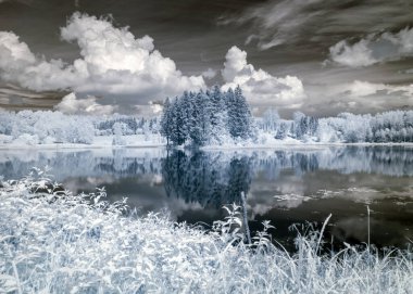 Kızılötesi filtreyle çekilen soyut manzara, kışın ağaçlar gibi görünür, suda güzel bulut yansımaları, gerçeküstü manzara.
