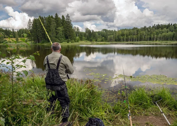 Soleado Paisaje Verano Junto Lago Pescador Orilla Del Lago Hierba — Foto de Stock