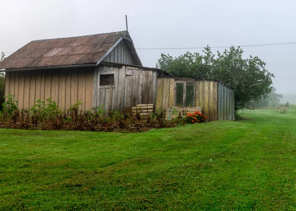 Nebellandschaft Einfaches Hölzernes Gartenhaus Schöner Blühender Garten Herbstlichen Morgennebel Mystischer — Stockfoto