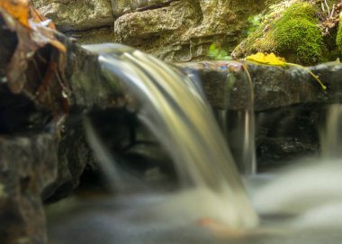 Küçük, hızlı bir nehir, dolomit kayaları arasından akar, uzun süreli maruz kalma, yumuşak ve tüylü nehir suyu, renkli sonbahar yaprakları ve nehirdeki kuru dallar.