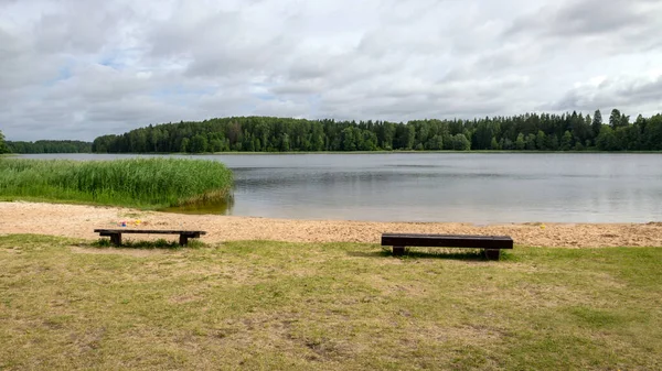 Táj Homokos Stranddal Zöld Padok Nyári Időszámítás — Stock Fotó