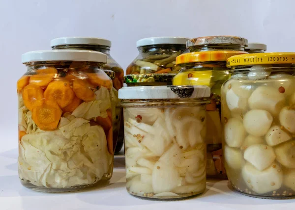 Glass Jars Canned Vegetables Autumn Harvest Time — Stock Photo, Image
