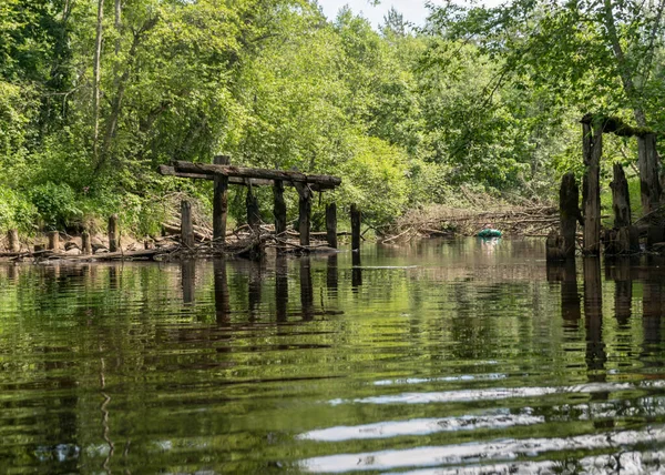 Landschap Met Een Kleine Bosrivier Oude Brugplaats Oude Houten Stammen — Stockfoto