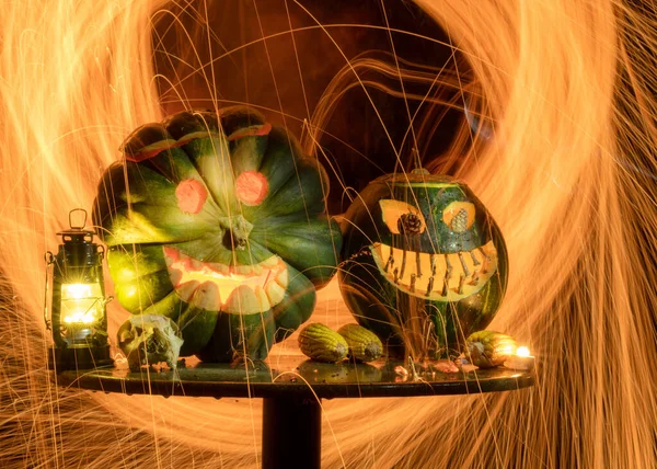 Hemsk Halloween Symbol Jack Lantern Fruktansvärt Pumpahuvud Helveteseldens Lågor Glödande — Stockfoto
