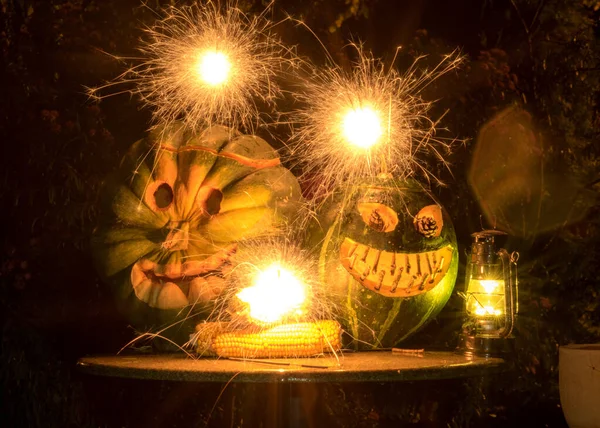 Okropny Symbol Halloween Jack Latarnia Straszna Dyniowa Głowa Ogniu Piekielnym — Zdjęcie stockowe