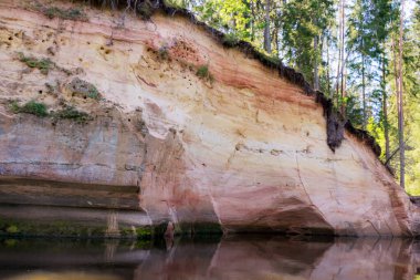 Nehirde güzel bir gün, kumtaşı kayalıkları ve sudaki ağaç yansımaları, mavi gökyüzü nehir suyuna yansıyor, Gauja nehri, Letonya