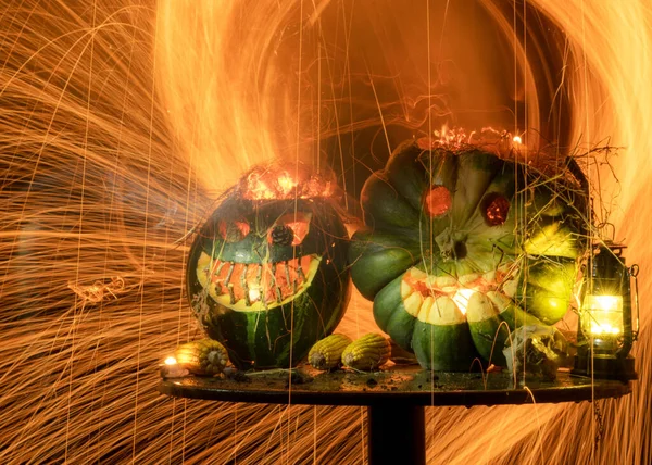 Hemsk Halloween Symbol Jack Lantern Fruktansvärt Pumpahuvud Helveteseldens Lågor Glödande — Stockfoto