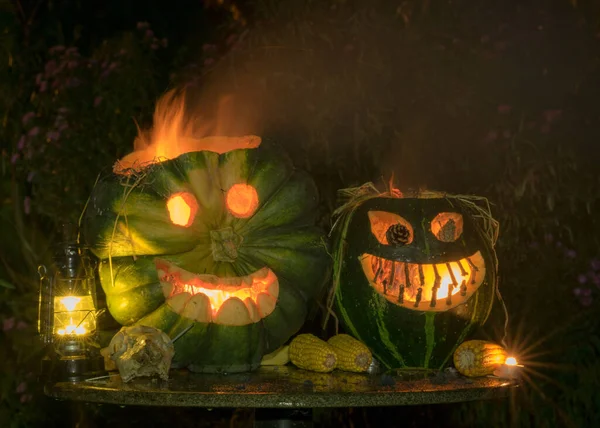 Terrible Halloween Symbol Jack Lantern Terrible Pumpkin Head Flames Hell — Stock Photo, Image