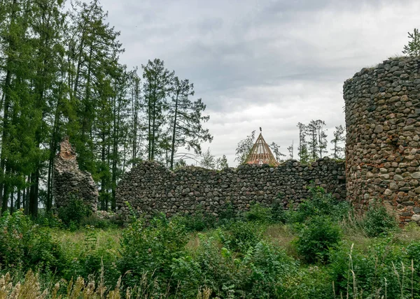 old medieval stone castle ruins, castle tower with new roof structure in the background, Ergeme castle ruins, Latvia