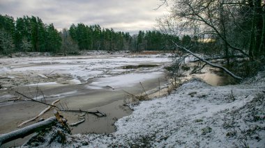 Kış günü nehir manzarası, Valmiera yakınlarındaki Gauja nehri, kış manzarası, Letonya
