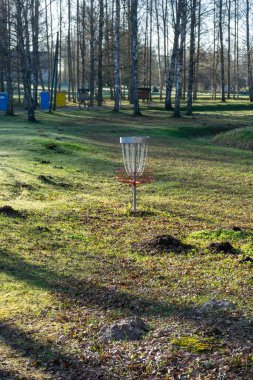 Arka planda huş ağacı olan yeşil çimlerin üzerinde bir disk golf deliği, parktaki bir disk golf sepeti, ilkbahar