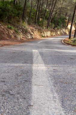 Siyah asfalt yol ve beyaz ayrık çizgiler