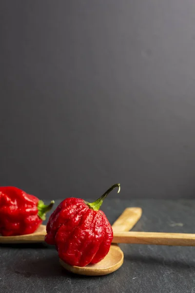 Hottest pepper in the world. Trinidad Scorpion Butch, thousands of times more spicy than Havana. On black slate background, with natural light. Spicy dark food food concept.