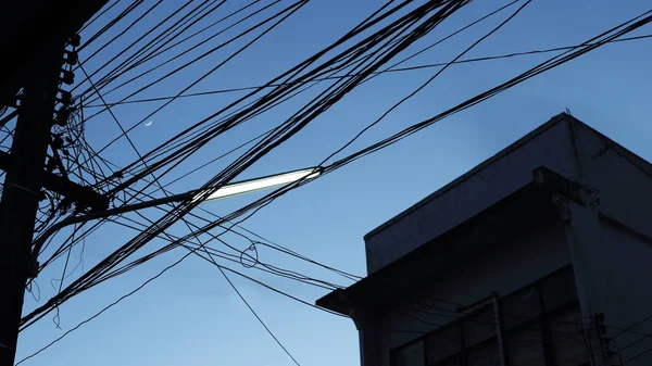 Güç Siluet Tangles Telekom Kablo Diğer Türleri Tayland Tanıdık Bir — Stok fotoğraf