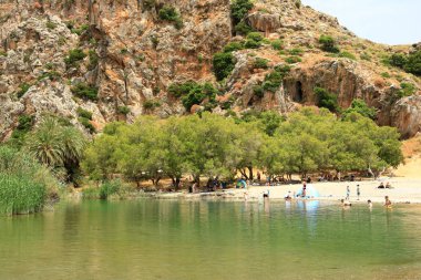 Preveli'de Nehir ve palmiye ormanı çevresinde manzara, Güney Girit, Yunanistan