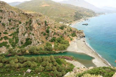 Preveli'de Nehir ve palmiye ormanı çevresinde manzara, Güney Girit, Yunanistan