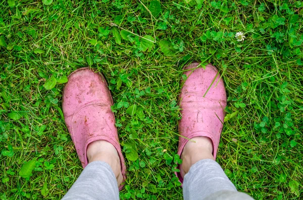 feet in garden shoes on green grass